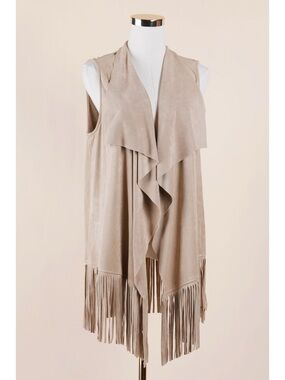 Sz L Decree Tan Faux Suede Boho Western Open Fringe Mid Length Vest EUC